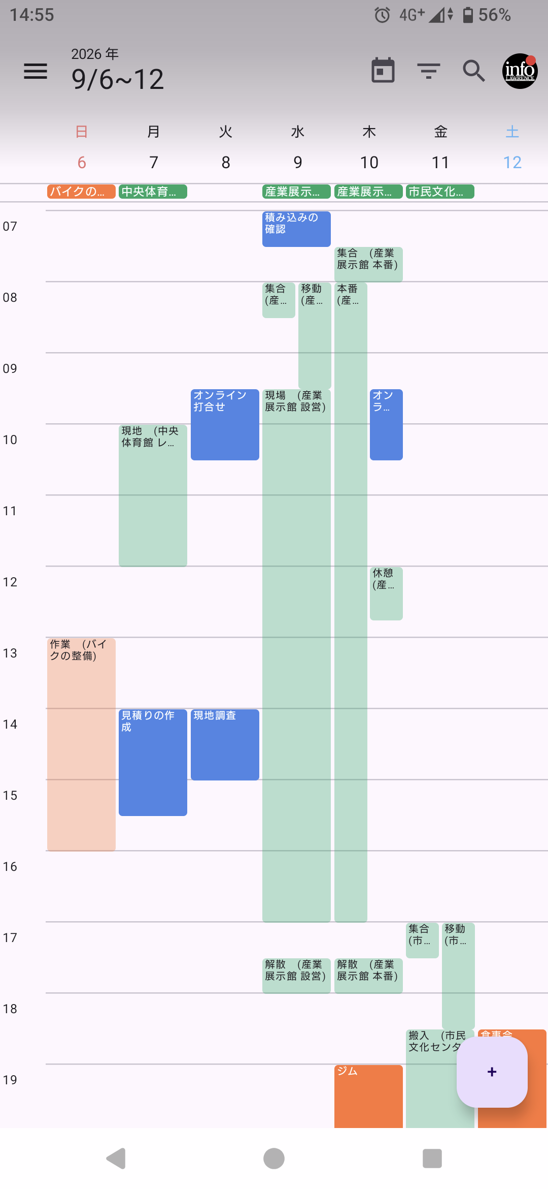 週表示。書いた行が時間軸に薄い帯として並んでいる